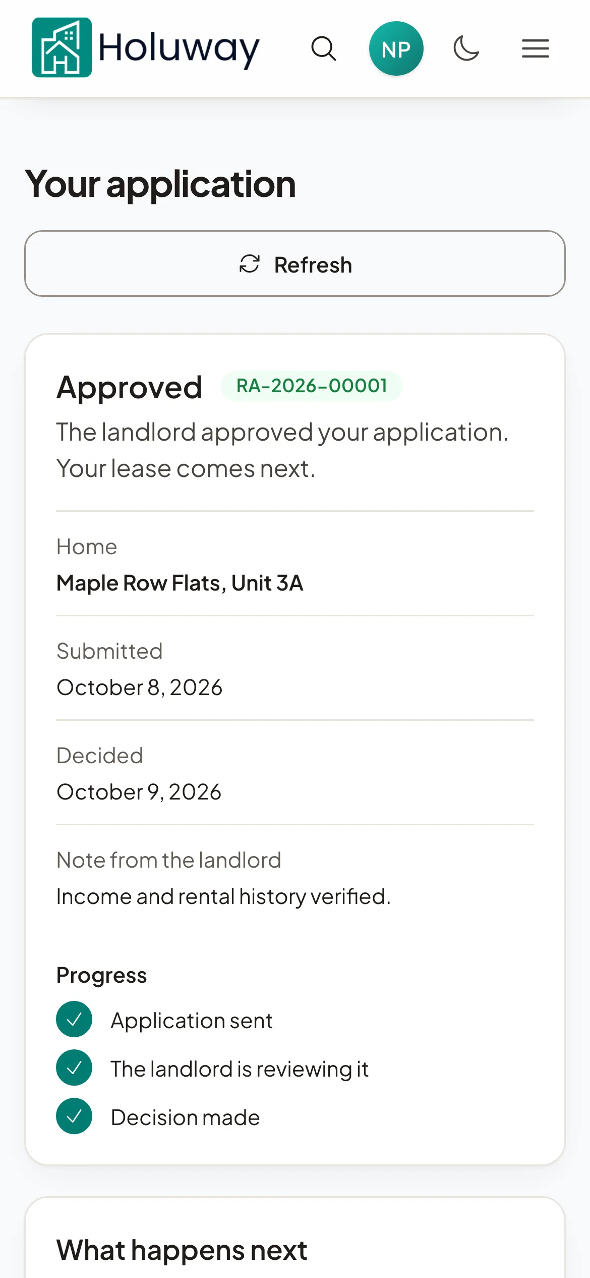 An application's page on a phone: Approved, the home, the dates it was submitted and decided, a note from the landlord and the progress steps.