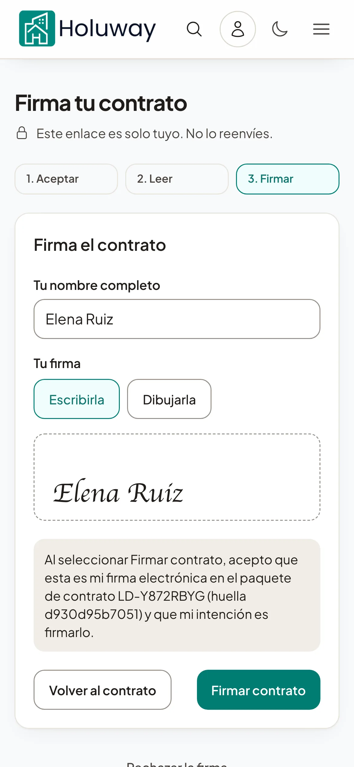 El paso Firmar de un contrato en un teléfono: el nombre completo del inquilino, Escribirla o Dibujarla, la firma escrita y el botón Firmar contrato.