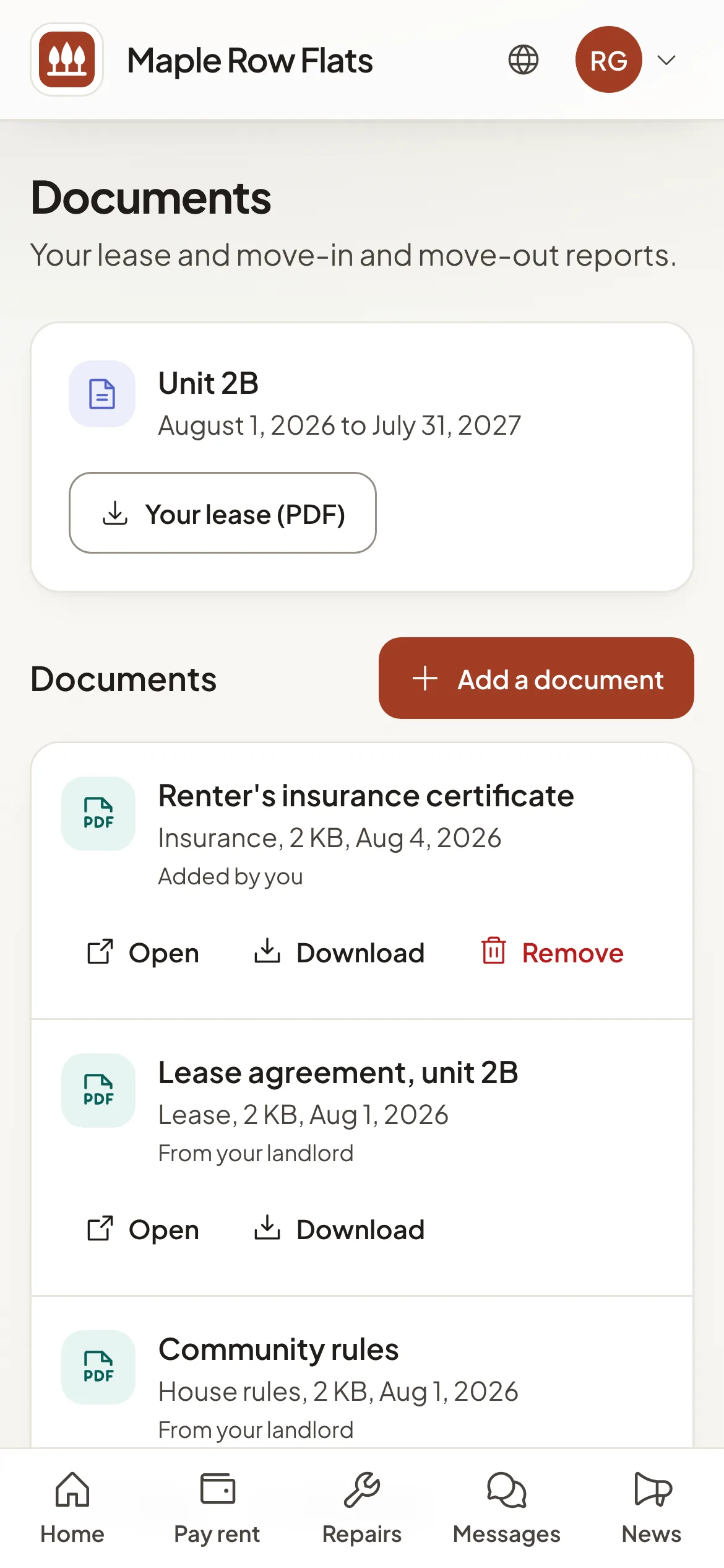 The Documents page of a resident portal on a phone: the lease PDF, the Add a document button and shared files with Open and Download.
