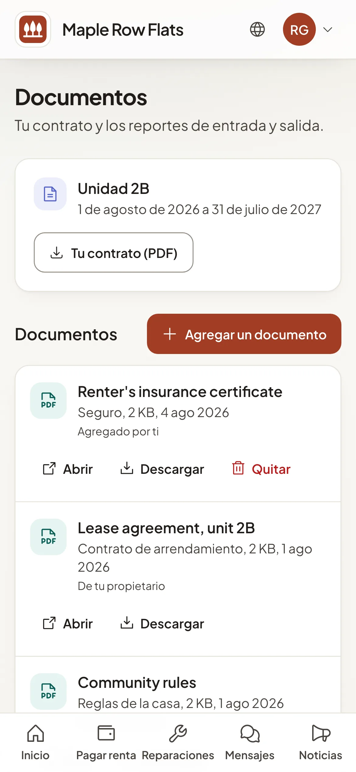 La página Documentos de un portal de residentes en un teléfono: el PDF del contrato, el botón Agregar un documento y archivos compartidos con Abrir y Descargar.
