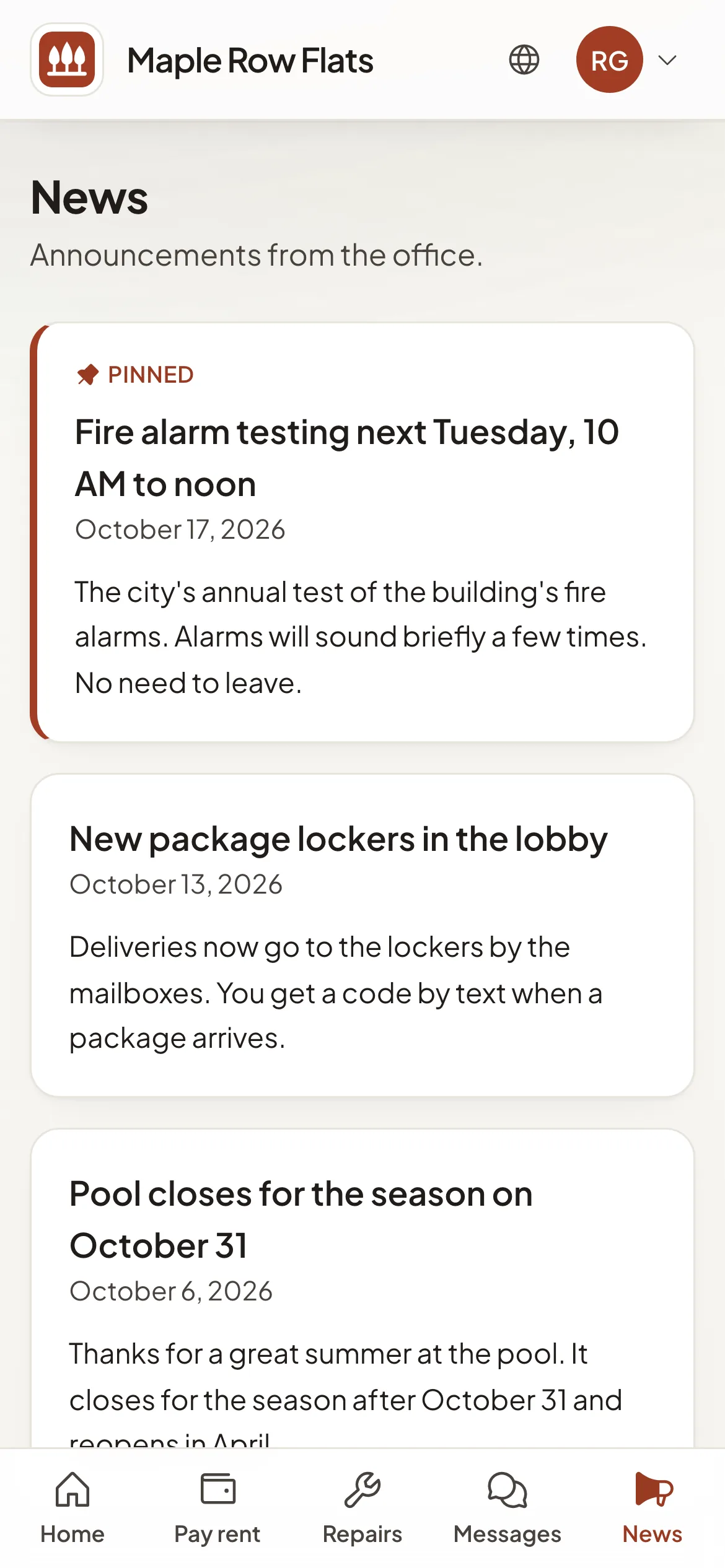 The News page of a resident portal on a phone, with a pinned announcement at the top and older announcements below.