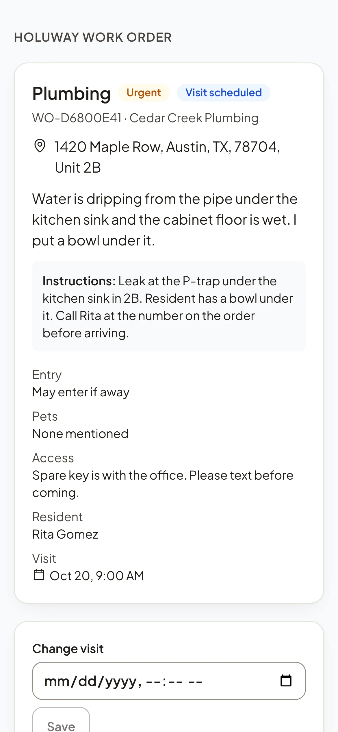 A Holuway work order on a phone: a plumbing job marked Urgent, the address and unit, the problem, instructions, entry, pets, access, the resident and the visit time.