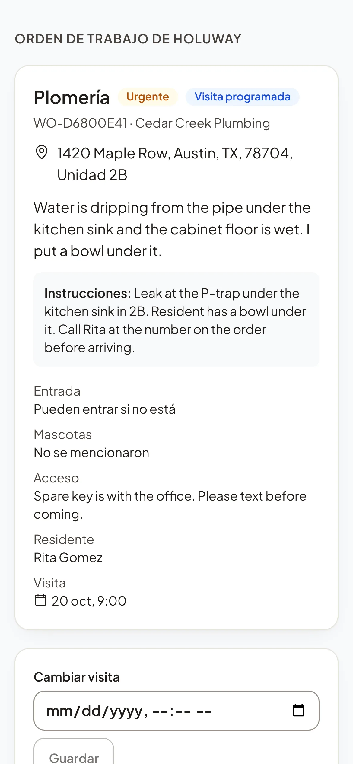 Una orden de trabajo de Holuway en un teléfono: un trabajo de plomería urgente, la dirección y la unidad, el problema, instrucciones, entrada, mascotas, acceso, el residente y la hora de la visita.